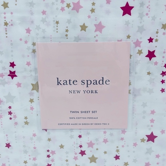 Kate Spade Twin Size Sheet Set white with gold, pink red stars stardust NWT - Picture 5 of 7
